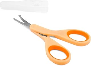 Chicco Ciseaux à ongles pour bébés et enfants, en acier inoxydable avec lames incurvées et bouts arrondis, capuchon de protection, poignée en caoutchouc antidérapante, Pour bébés 0+ mois, Orange